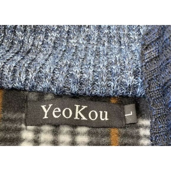 YeoKou Men’s Cardigan Blue Full Zip Cashmere Wool Blend Plaid Lined Size L - Picture 7 of 12